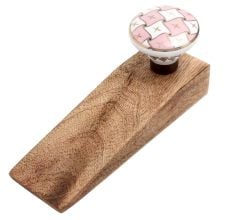 Pink and White Golden Checkerboard Ceramic Wooden Door Stopper